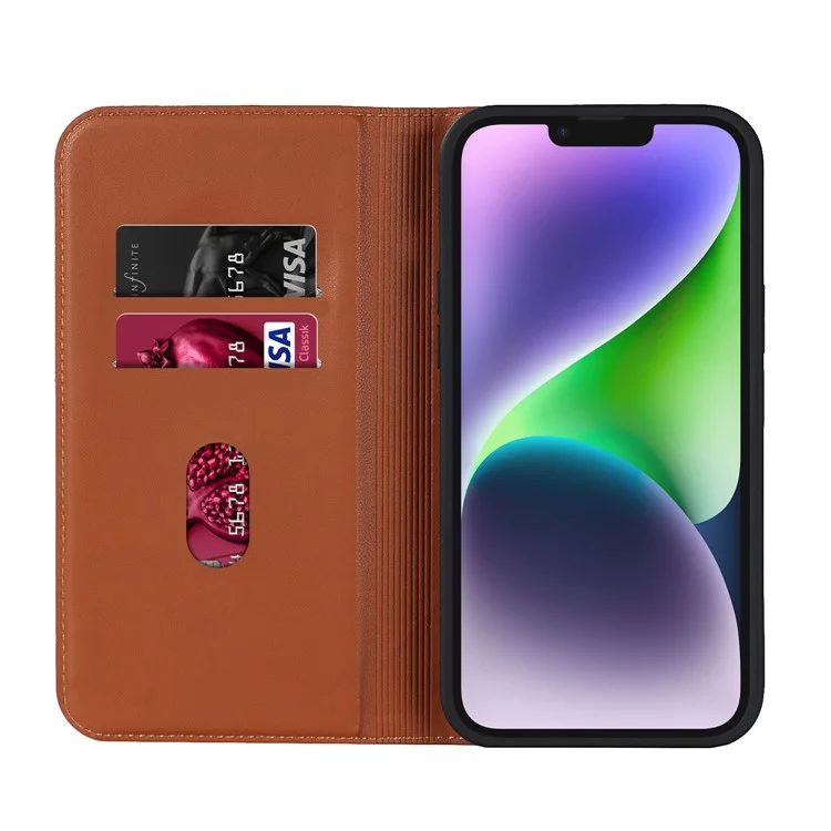 For iPhone 13 6.1 inch / 14 RFID Blocking Phone Leather Case Card Holder Stand Phone Cover Compatible with MagSafe - Brown