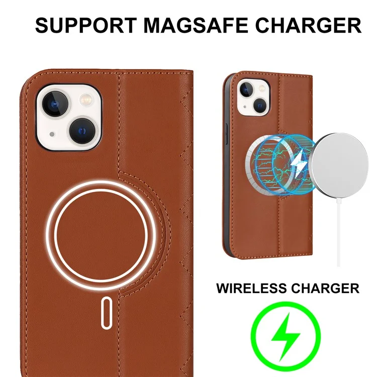 For iPhone 13 6.1 inch / 14 RFID Blocking Phone Leather Case Card Holder Stand Phone Cover Compatible with MagSafe - Brown