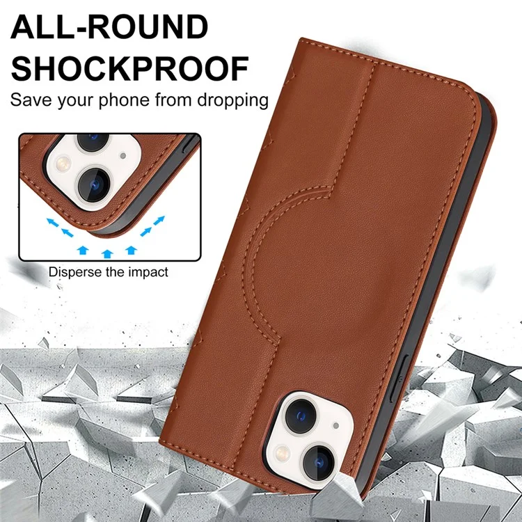For iPhone 13 6.1 inch / 14 RFID Blocking Phone Leather Case Card Holder Stand Phone Cover Compatible with MagSafe - Brown