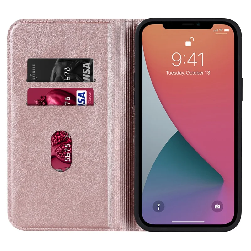 For iPhone 12 / 12 Pro 6.1 inch Magnetic Phone Case RFID Blocking PU Leather Card Holder Stand Cover Compatible with MagSafe - Rose Gold
