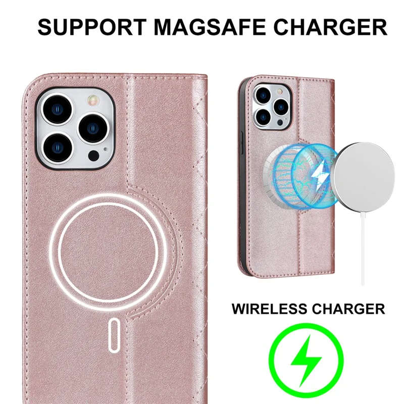 For iPhone 12 / 12 Pro 6.1 inch Magnetic Phone Case RFID Blocking PU Leather Card Holder Stand Cover Compatible with MagSafe - Rose Gold