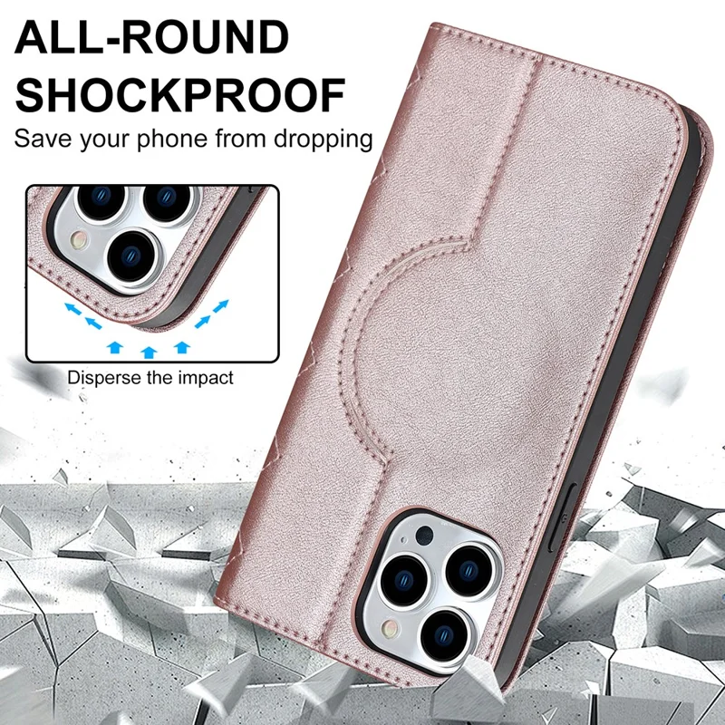 For iPhone 12 / 12 Pro 6.1 inch Magnetic Phone Case RFID Blocking PU Leather Card Holder Stand Cover Compatible with MagSafe - Rose Gold