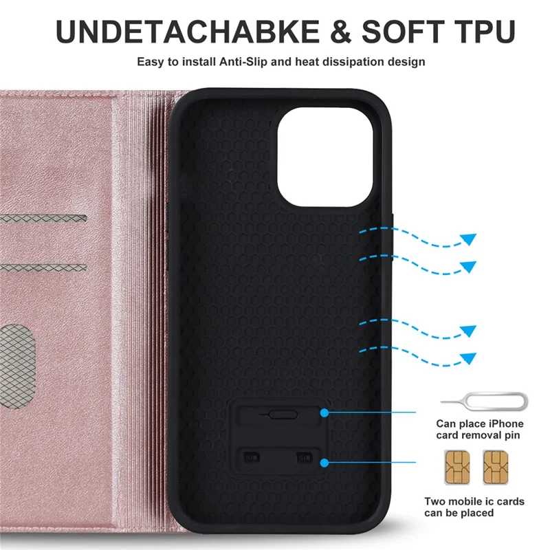 For iPhone 12 / 12 Pro 6.1 inch Magnetic Phone Case RFID Blocking PU Leather Card Holder Stand Cover Compatible with MagSafe - Rose Gold