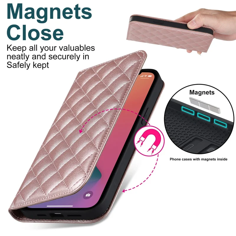 For iPhone 12 / 12 Pro 6.1 inch Magnetic Phone Case RFID Blocking PU Leather Card Holder Stand Cover Compatible with MagSafe - Rose Gold