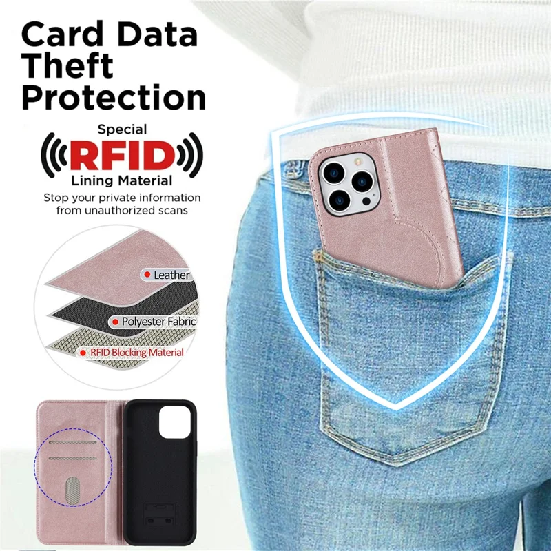 For iPhone 12 / 12 Pro 6.1 inch Magnetic Phone Case RFID Blocking PU Leather Card Holder Stand Cover Compatible with MagSafe - Rose Gold