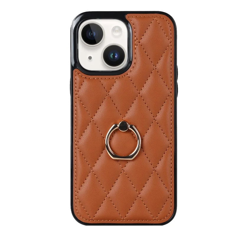 For iPhone 14 PU Leather + TPU Phone Case Imprinted Rhombus Grid Pattern Ring Holder Kickstand Phone Cover - Brown