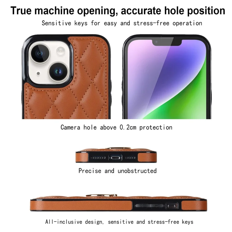 For iPhone 14 PU Leather + TPU Phone Case Imprinted Rhombus Grid Pattern Ring Holder Kickstand Phone Cover - Brown