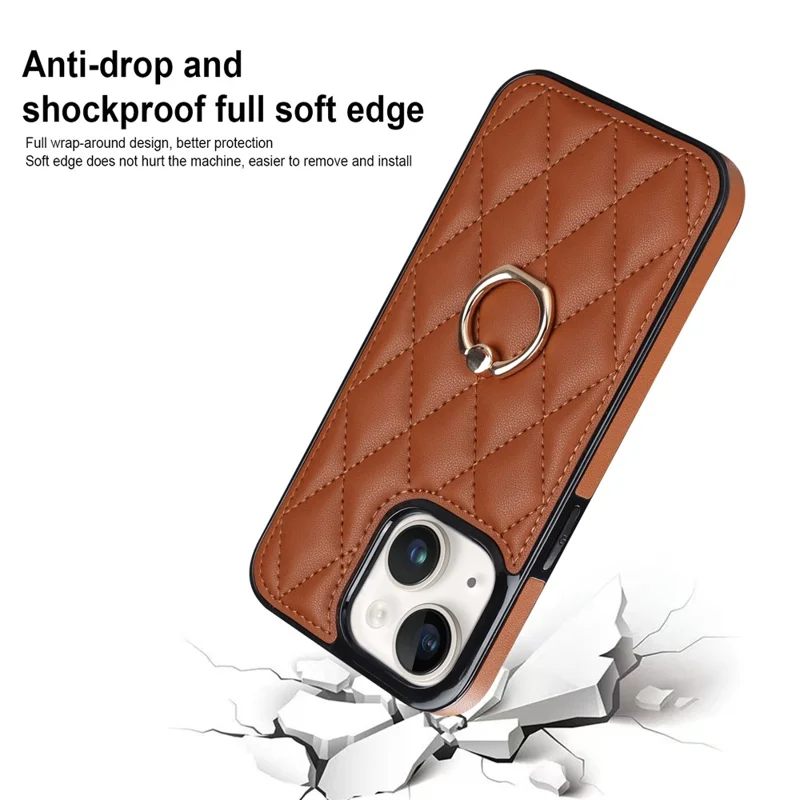 For iPhone 14 PU Leather + TPU Phone Case Imprinted Rhombus Grid Pattern Ring Holder Kickstand Phone Cover - Brown
