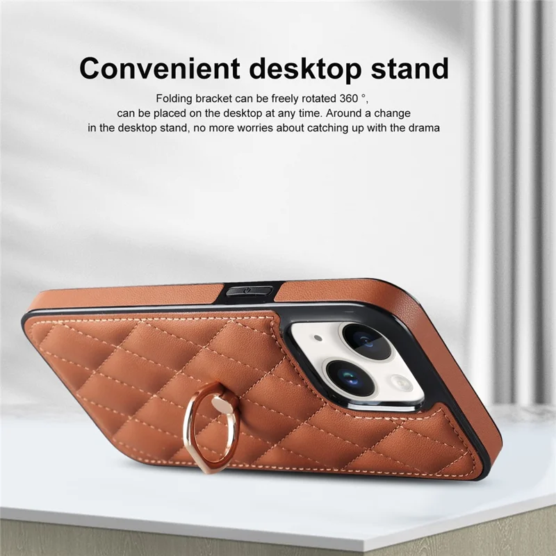 For iPhone 14 PU Leather + TPU Phone Case Imprinted Rhombus Grid Pattern Ring Holder Kickstand Phone Cover - Brown