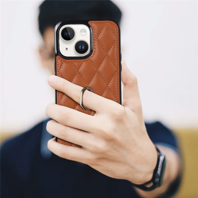For iPhone 14 PU Leather + TPU Phone Case Imprinted Rhombus Grid Pattern Ring Holder Kickstand Phone Cover - Brown