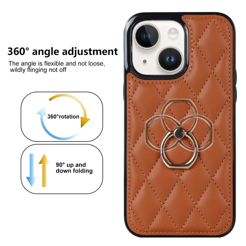 For iPhone 14 PU Leather + TPU Phone Case Imprinted Rhombus Grid Pattern Ring Holder Kickstand Phone Cover - Brown