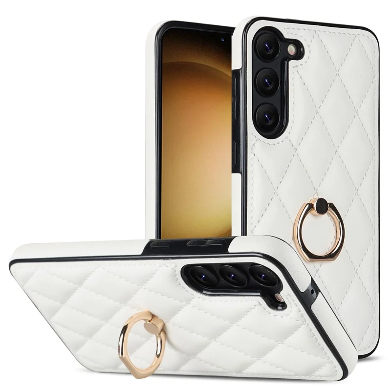 For Samsung Galaxy S23 Phone Case PU Leather + TPU Imprinted Rhombus Grid Pattern Back Cover with Ring Kickstand - White