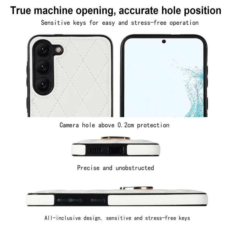 For Samsung Galaxy S23 Phone Case PU Leather + TPU Imprinted Rhombus Grid Pattern Back Cover with Ring Kickstand - White
