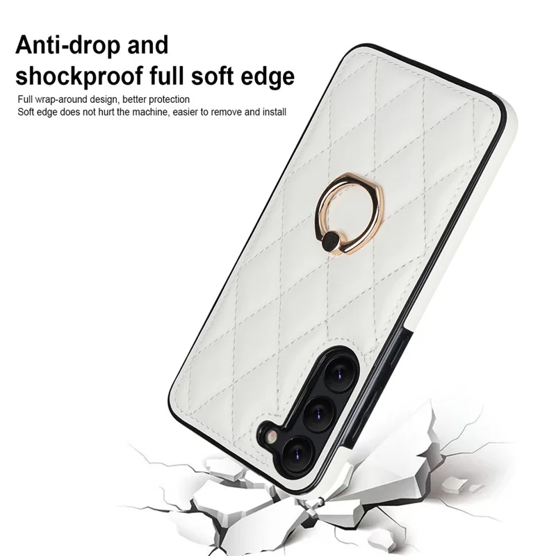 For Samsung Galaxy S23 Phone Case PU Leather + TPU Imprinted Rhombus Grid Pattern Back Cover with Ring Kickstand - White