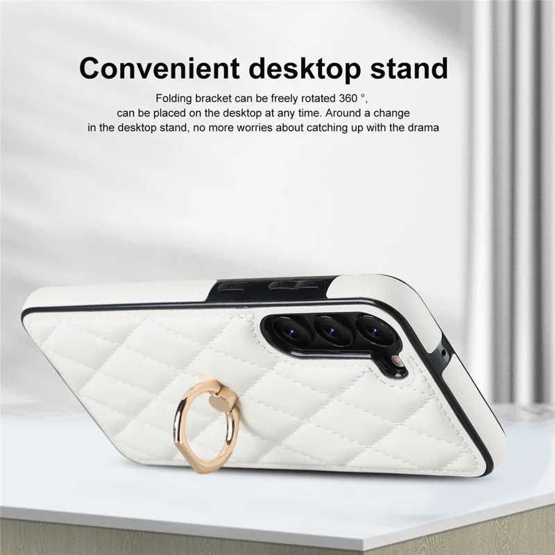 For Samsung Galaxy S23 Phone Case PU Leather + TPU Imprinted Rhombus Grid Pattern Back Cover with Ring Kickstand - White