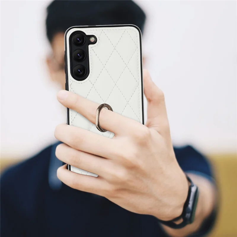 For Samsung Galaxy S23 Phone Case PU Leather + TPU Imprinted Rhombus Grid Pattern Back Cover with Ring Kickstand - White