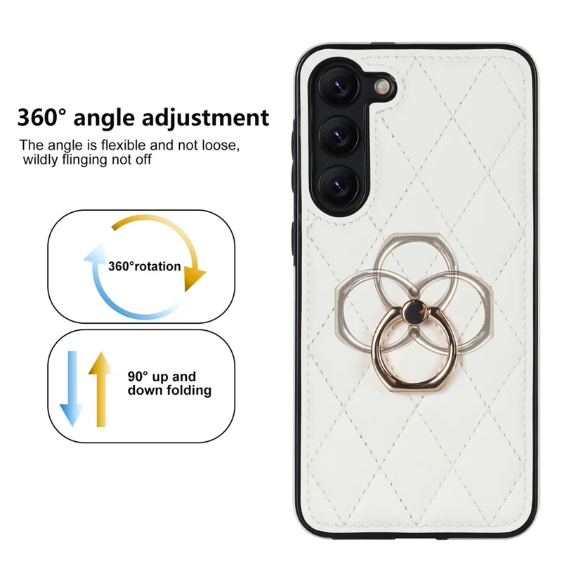 For Samsung Galaxy S23 Phone Case PU Leather + TPU Imprinted Rhombus Grid Pattern Back Cover with Ring Kickstand - White