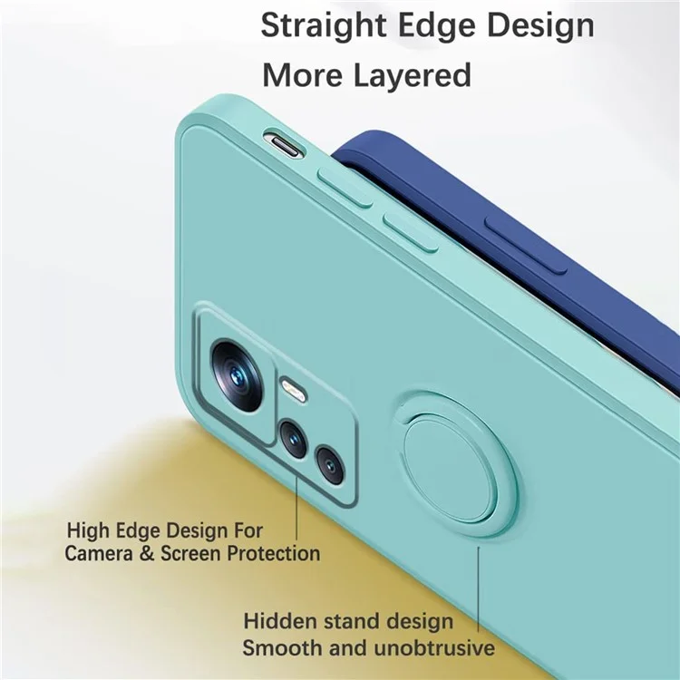 For Xiaomi 12T 5G / Redmi K50 Ultra 5G Ring Kickstand Liquid Silicone Phone Case Cell Phone Cover with Lanyard - Cyan
