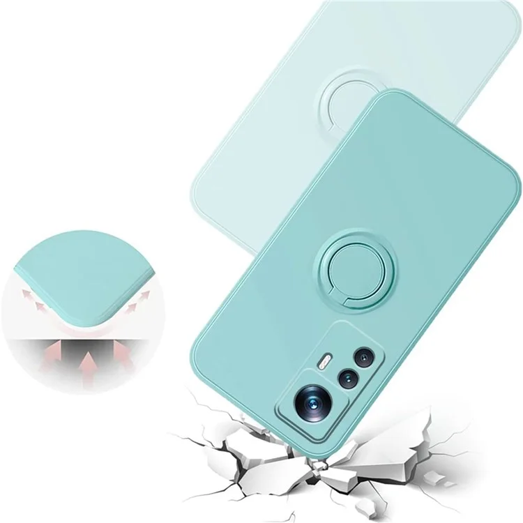 For Xiaomi 12T 5G / Redmi K50 Ultra 5G Ring Kickstand Liquid Silicone Phone Case Cell Phone Cover with Lanyard - Cyan