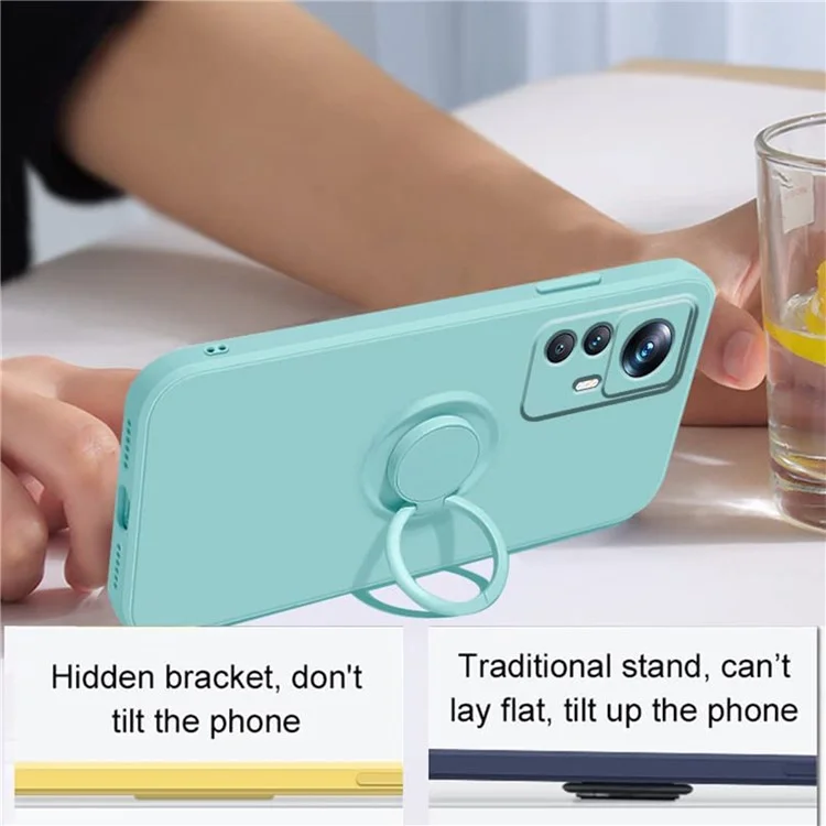 For Xiaomi 12T 5G / Redmi K50 Ultra 5G Ring Kickstand Liquid Silicone Phone Case Cell Phone Cover with Lanyard - Cyan