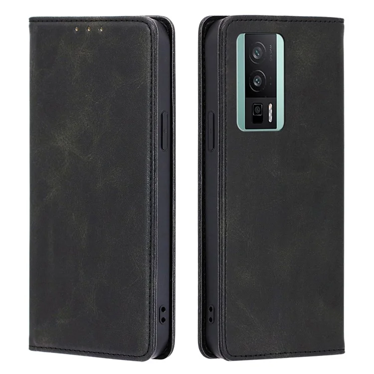 Чехол для телефона Xiaomi Poco F5 Pro 5G / Redmi K60 Pro 5G / K60 5G, автоматически поглощающий магнитный телячий текстурированный кожаный чехол-подставка - черный