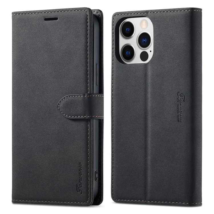 FORWENW F1 Series for iPhone 14 Pro PU Leather Cell Phone Cover Wallet Stand Anti-drop Phone Case - Black
