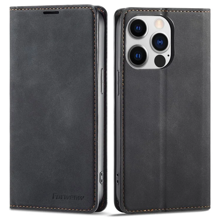 FORWENW Custodia anti-caduta per iPhone 14 Pro Max, Custodia in pelle con stand e serie fantasy - Nero 