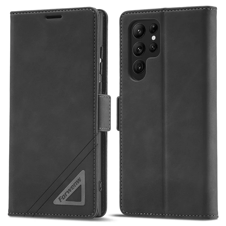 FORWENW F3-Series For Samsung Galaxy S23 Ultra Flip Leather Phone Wallet Case Shockproof Phone Cover Stand - Black