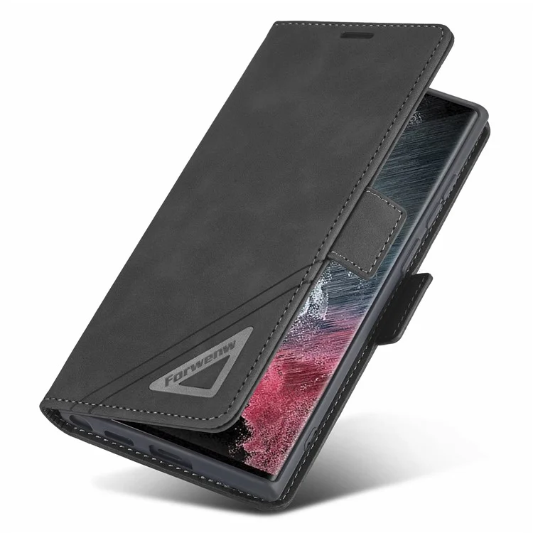 FORWENW F3-Series For Samsung Galaxy S23 Ultra Flip Leather Phone Wallet Case Shockproof Phone Cover Stand - Black