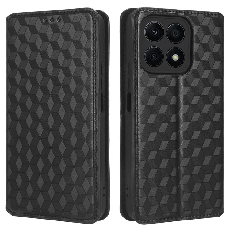Anti-fall Phone Case For Honor X8a 4G , PU Leather Stand Wallet Imprinted Rhombus Pattern Cell Phone Cover - Black