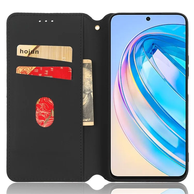 Anti-fall Phone Case For Honor X8a 4G , PU Leather Stand Wallet Imprinted Rhombus Pattern Cell Phone Cover - Black