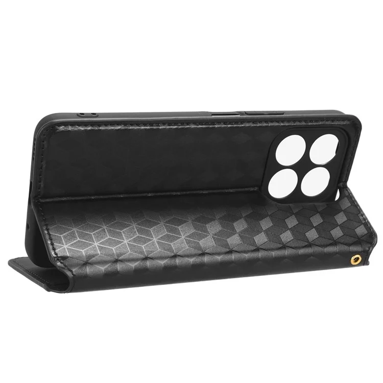 Anti-fall Phone Case For Honor X8a 4G , PU Leather Stand Wallet Imprinted Rhombus Pattern Cell Phone Cover - Black
