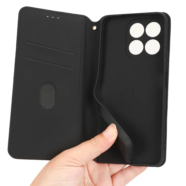 Anti-fall Phone Case For Honor X8a 4G , PU Leather Stand Wallet Imprinted Rhombus Pattern Cell Phone Cover - Black