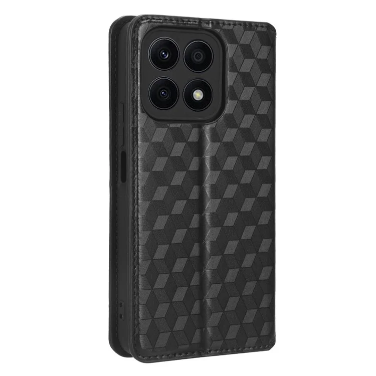 Anti-fall Phone Case For Honor X8a 4G , PU Leather Stand Wallet Imprinted Rhombus Pattern Cell Phone Cover - Black