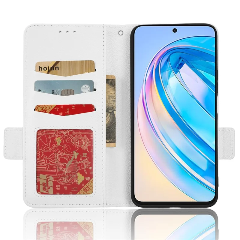 For Honor X8a 4G PU Leather Phone Case Flip Folio Stand Litchi TextureShockproof Cover with Wallet - White