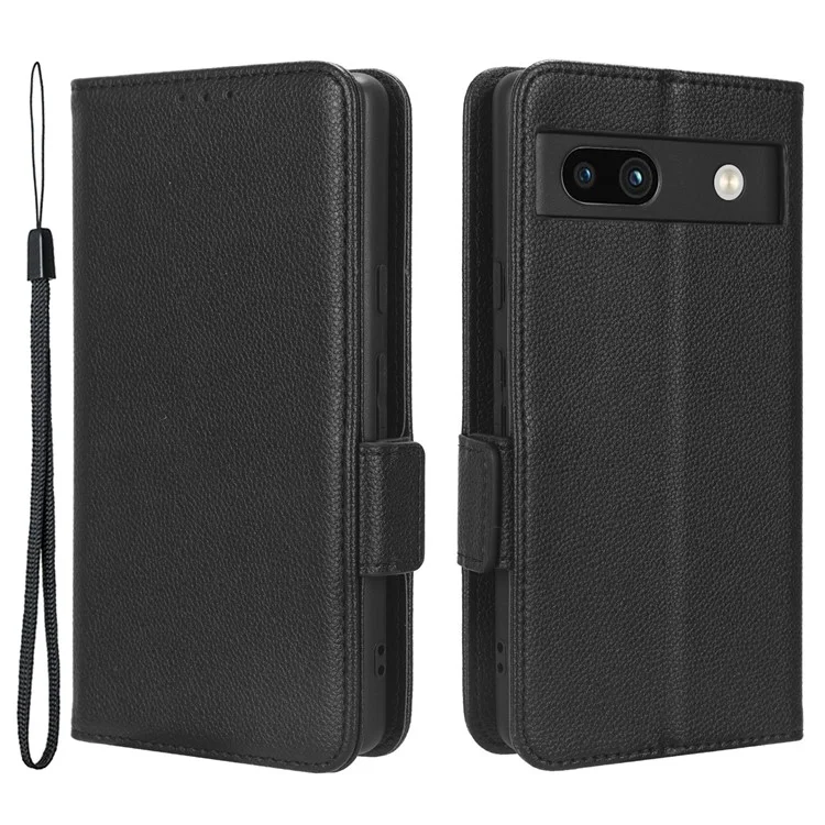 Cell Phone Cover For Google Pixel 7a , Wallet Stand Litchi Texture PU Leather Anti-fall Flip Phone Case - Black