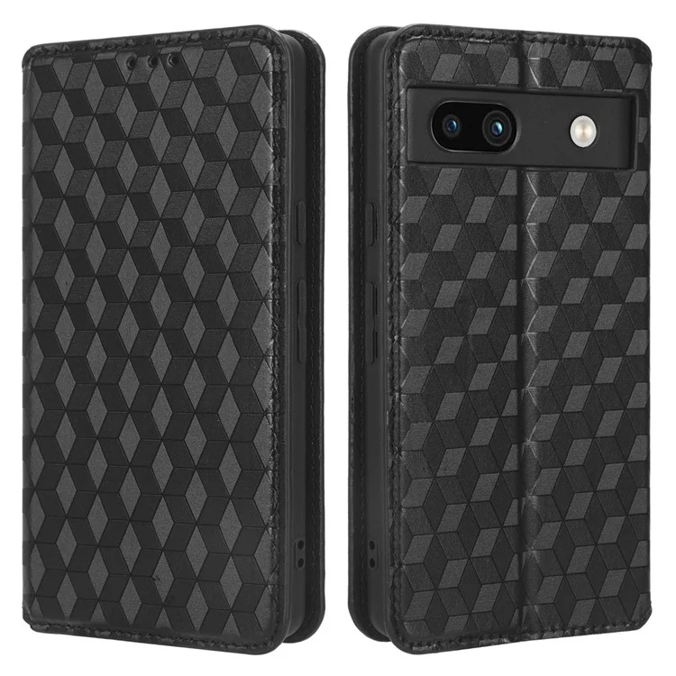 Wallet Phone Case for Google Pixel 7a , PU Leather Imprinted Rhombus Pattern Flip Folio Stand Phone Cover - Black