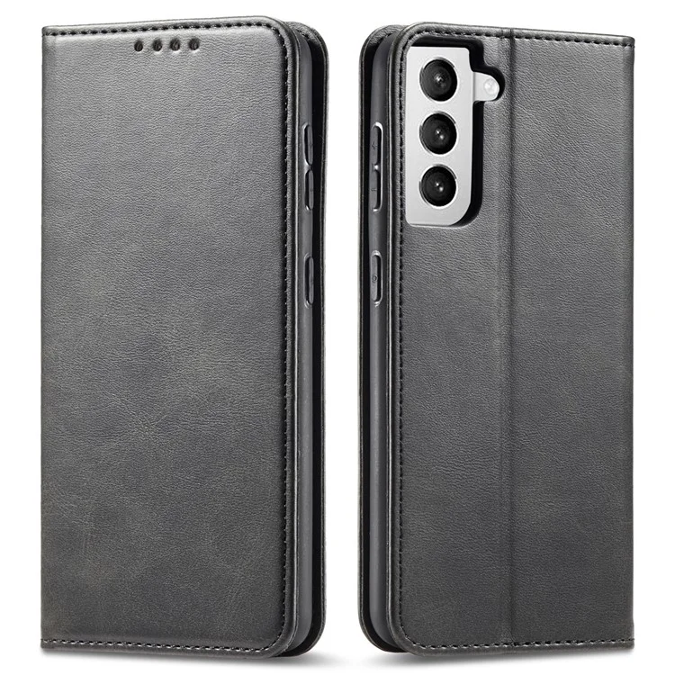 Leather Phone Case For Samsung Galaxy S21 4G / 5G , Wallet Magnetic Stand Calf Texture Anti-scratch Phone Cover - Black