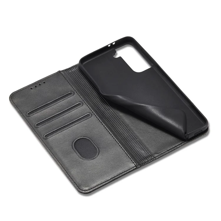 Leather Phone Case For Samsung Galaxy S21 4G / 5G , Wallet Magnetic Stand Calf Texture Anti-scratch Phone Cover - Black