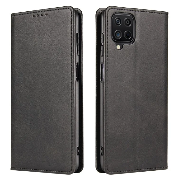 Pour Samsung Galaxy A12 Flip Leather Phone Wallet Case Stand Calf Texture Magnetic Protective Phone Cover - Noir