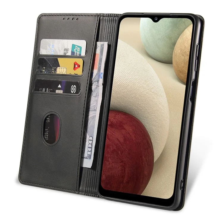 Pour Samsung Galaxy A12 Flip Leather Phone Wallet Case Stand Calf Texture Magnetic Protective Phone Cover - Noir