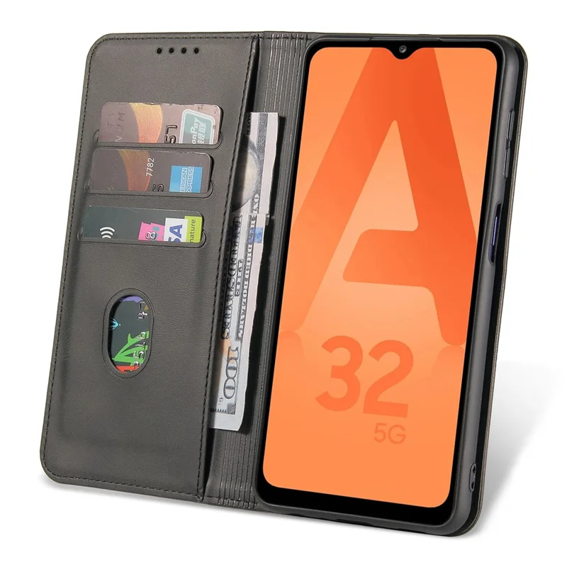Voor Samsung Galaxy A32 4G (EU-versie) Magnetisch Leren Telefoonhoesje met Standfunctie en Portemonnee Kalfsstructuur Krasbestendig Hoesje met Kaarthouder - Zwart