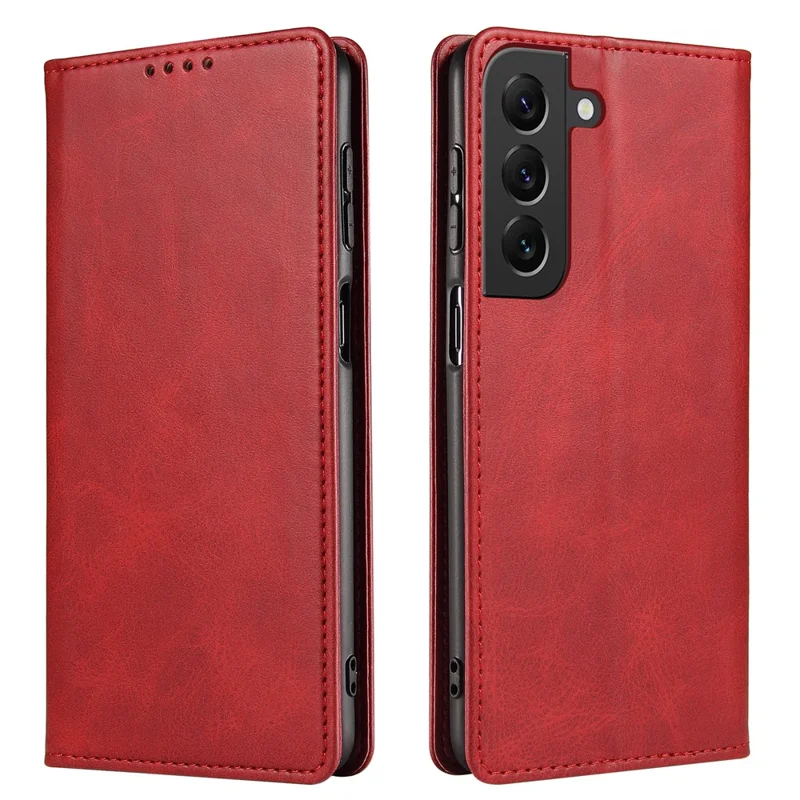 Phone Case For Samsung Galaxy S23+ Leather Calf Texture Magnetic Closure Anti-shock Phone Cover with Stand Wallet - Red