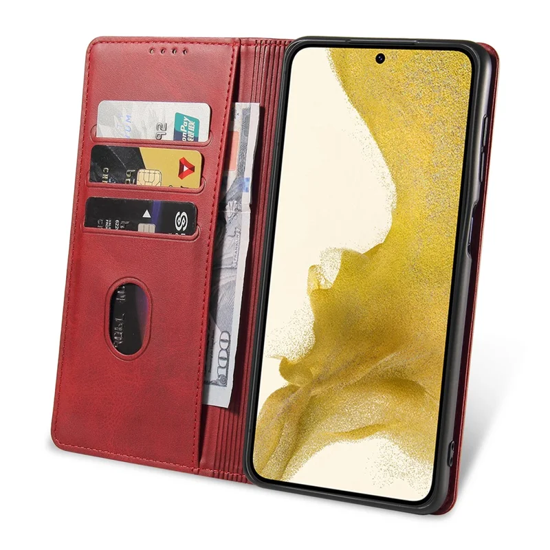 Phone Case For Samsung Galaxy S23+ Leather Calf Texture Magnetic Closure Anti-shock Phone Cover with Stand Wallet - Red