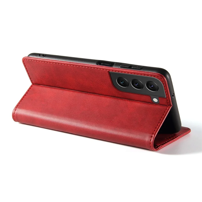 Phone Case For Samsung Galaxy S23+ Leather Calf Texture Magnetic Closure Anti-shock Phone Cover with Stand Wallet - Red