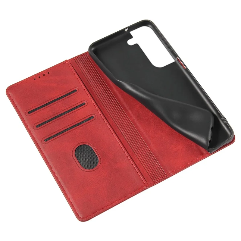 Phone Case For Samsung Galaxy S23+ Leather Calf Texture Magnetic Closure Anti-shock Phone Cover with Stand Wallet - Red