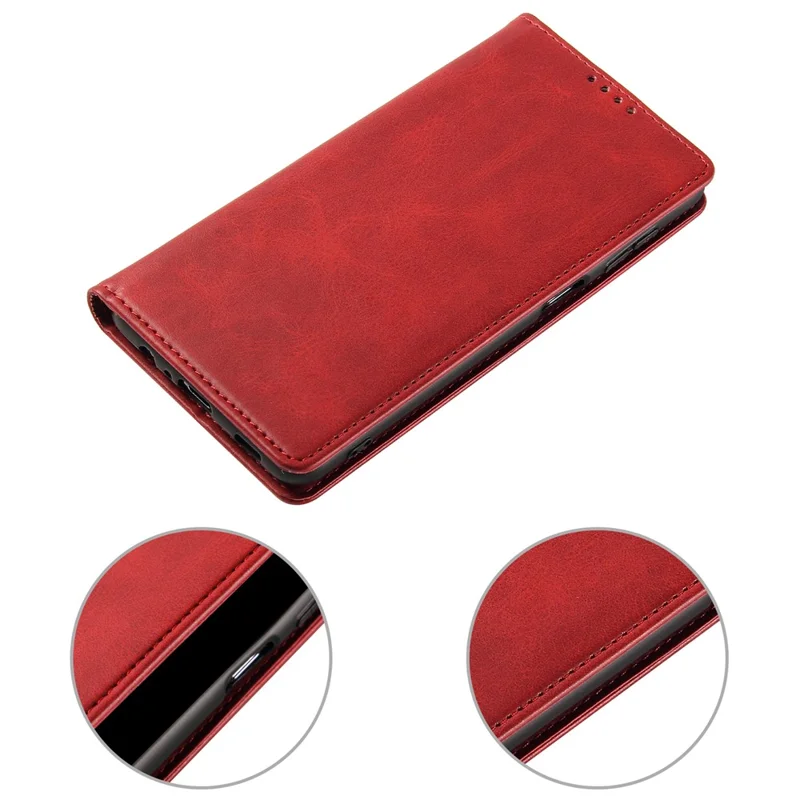 Phone Case For Samsung Galaxy S23+ Leather Calf Texture Magnetic Closure Anti-shock Phone Cover with Stand Wallet - Red