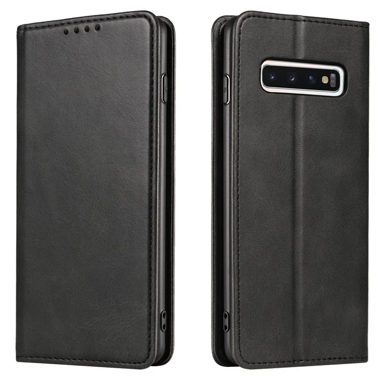 Para Samsung Galaxy S10 Calf Texture Wallet Phone Cover Auto-absorbed Magnetic Leather Stand Phone Case - Preto