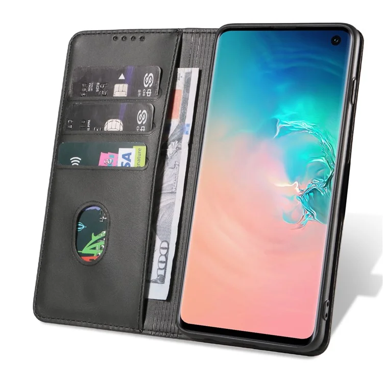 Para Samsung Galaxy S10 Calf Texture Wallet Phone Cover Auto-absorbed Magnetic Leather Stand Phone Case - Preto