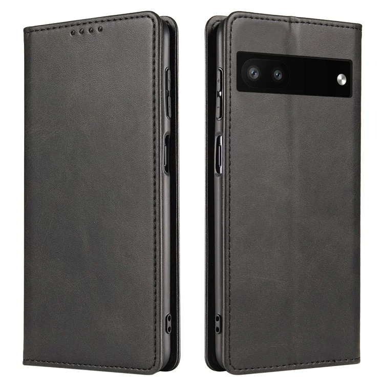 Full Protection Leather Phone Case For Google Pixel 6a , Wallet Stand Calf Texture Magnetic Closure Phone Cover - Black